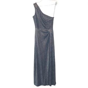 Alex Evenings Silver Gunmetal One Shoulder Metallic Side Slit Gown Size 10